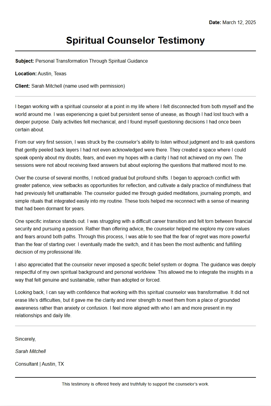 spiritual counselor testimony - Recommendation Letters