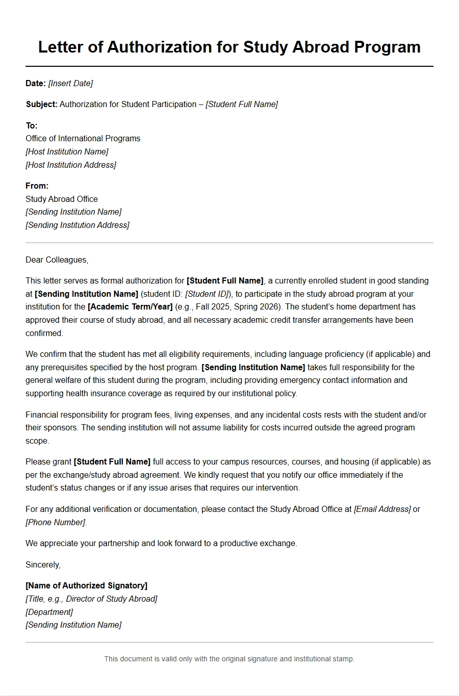 study abroad program authorization letter - Recommendation Letters
