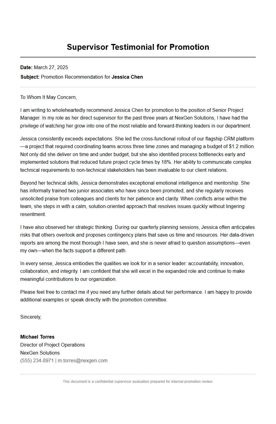 Supervisor testimonial for promotion letter