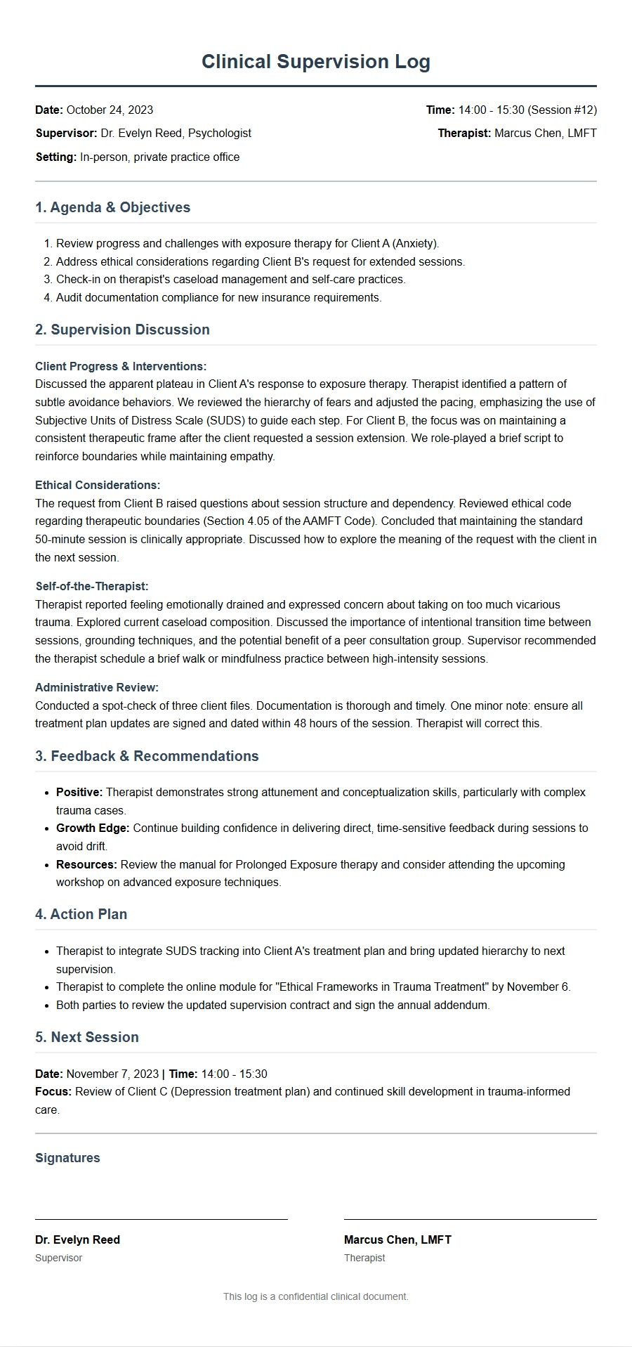therapist clinical supervision log - Recommendation Letters
