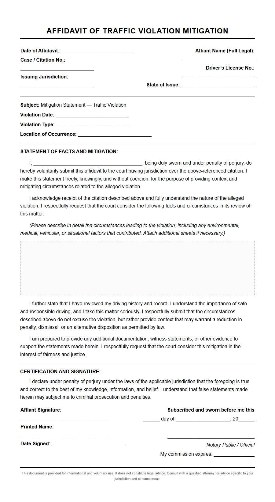 traffic violation mitigation affidavit - Recommendation Letters