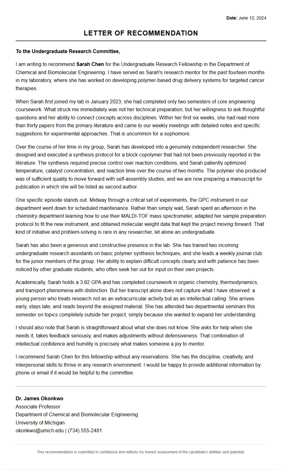 Undergraduate Research Mentor Recommendation Letter