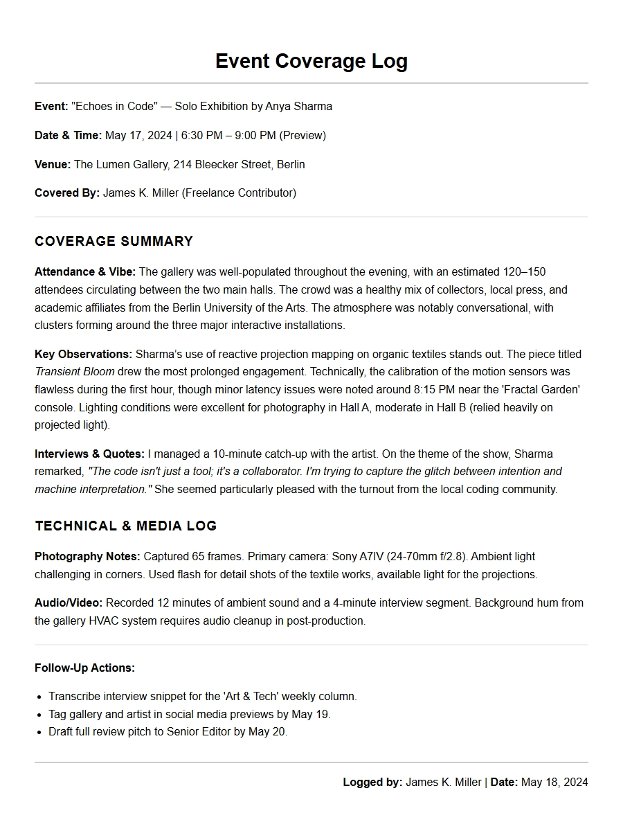 Recommendation Letter for Visual Artist Event Log