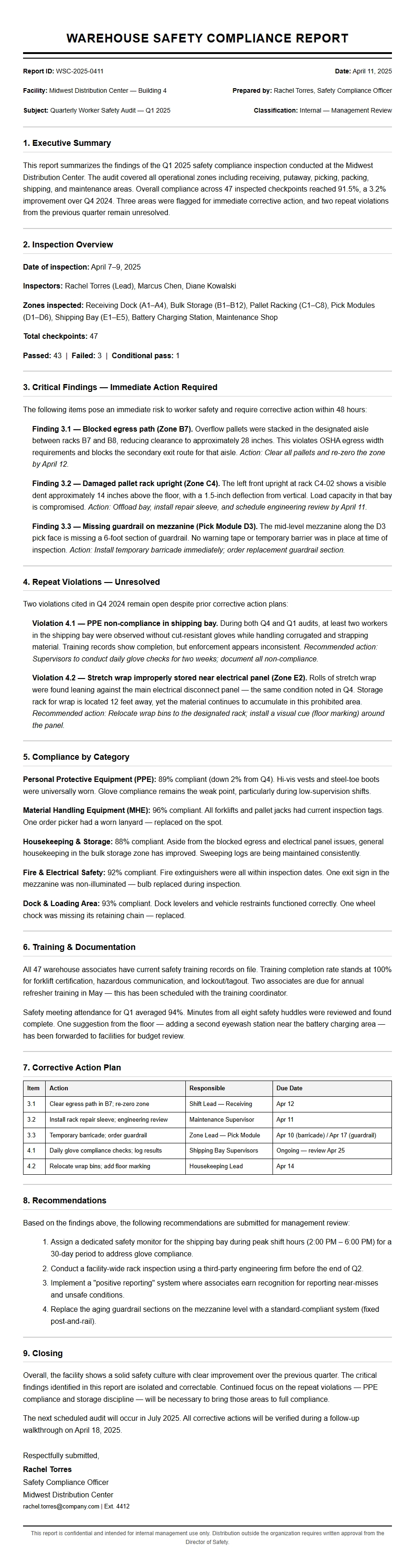 Warehouse Safety Compliance Recommendation Letter