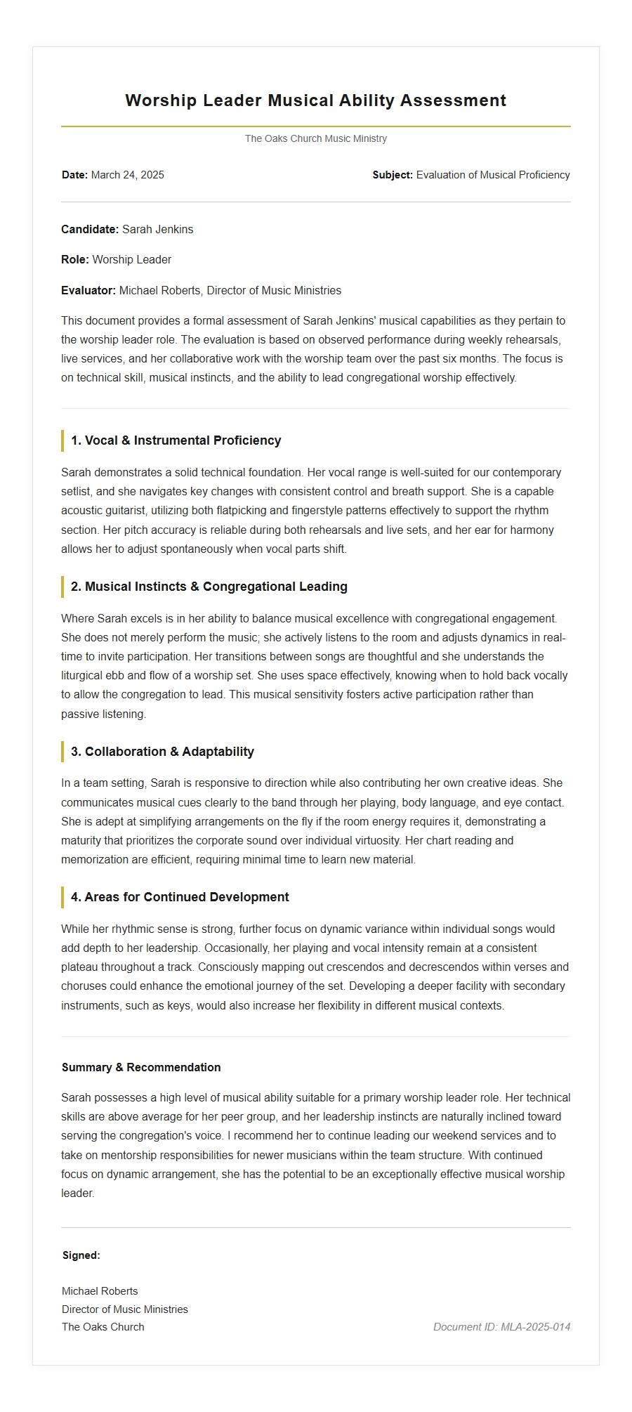 Recommendation Letter for Worship Leader Musical Ability