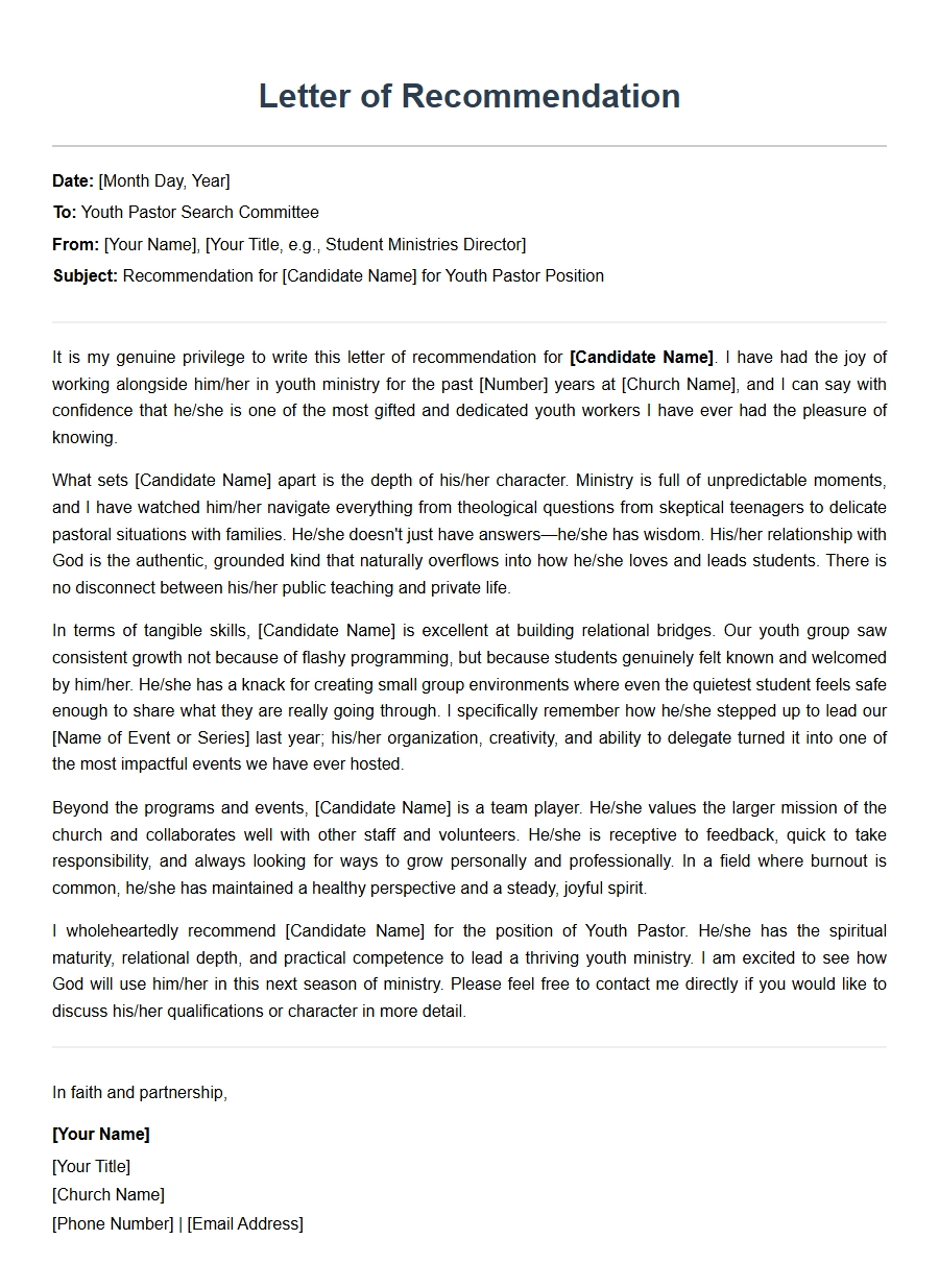 Sample Letter of Recommendation for a Youth Group Pastor