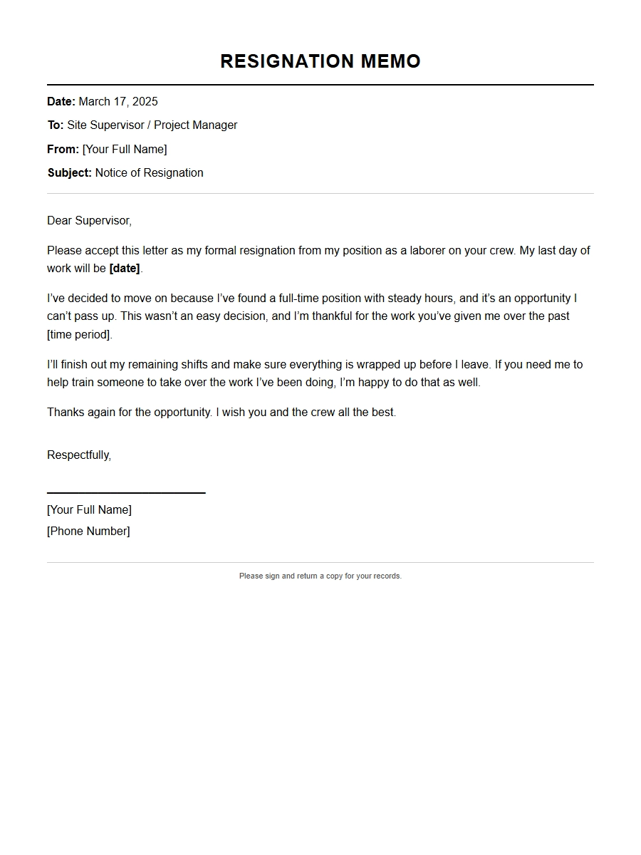 Brief Resignation Memo for Casual Laborer