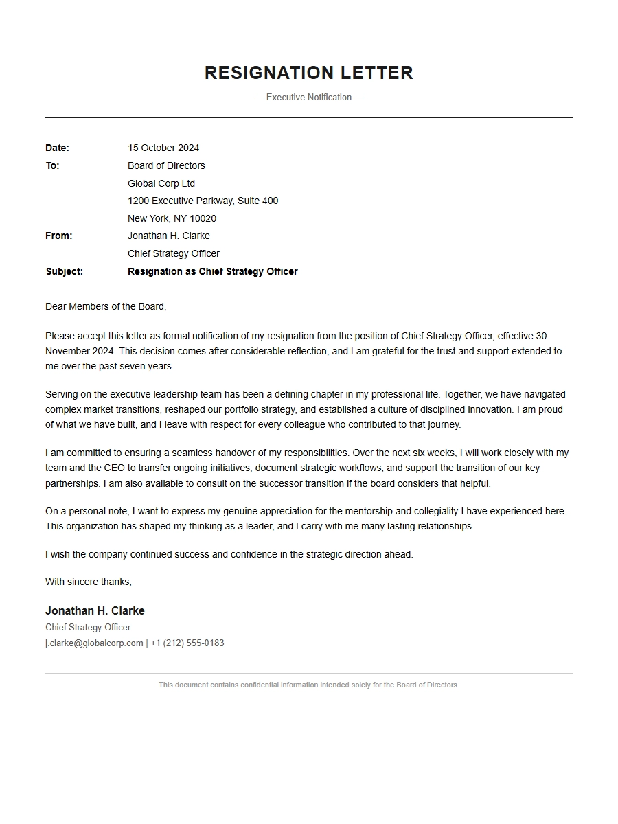 Corporate Resignation Letter for Executive Team