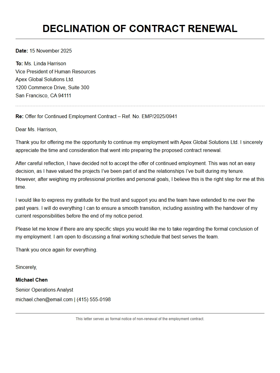 Declining a Continued Employment Contract: Example Letter