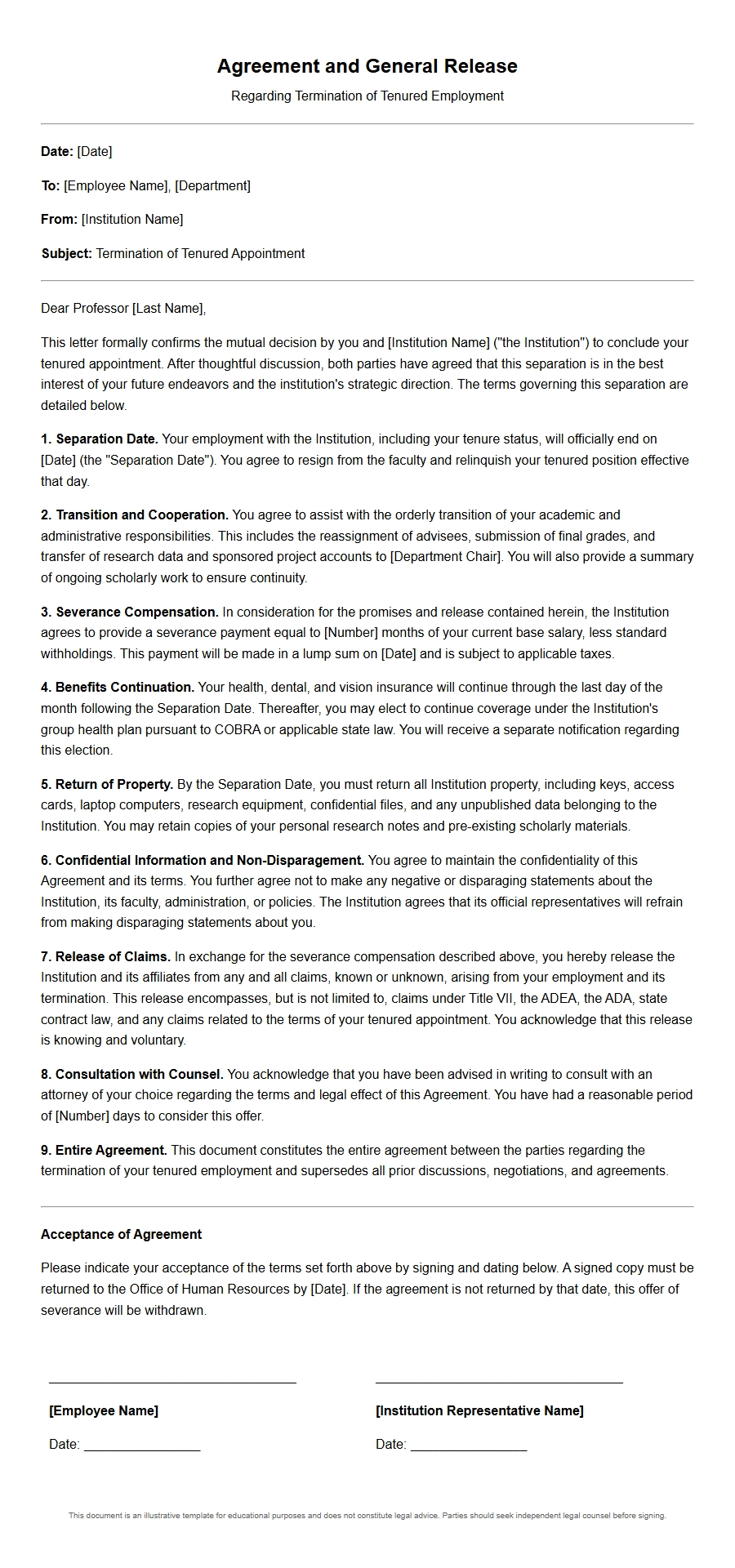 Example of Ending Tenured Employment Agreement Letter