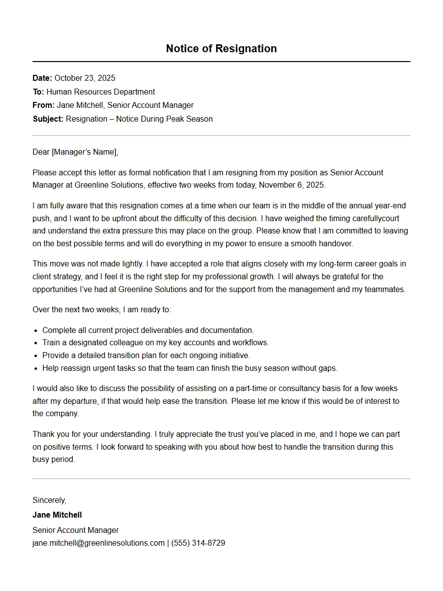 Example: Giving Notice During Busy Season