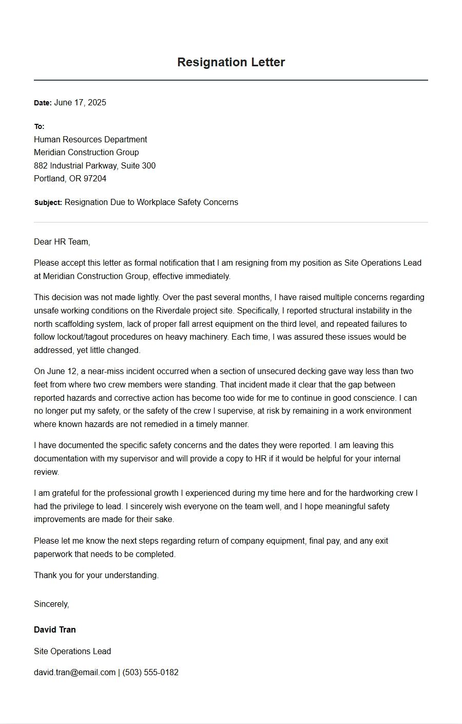example of resignation due to safety concerns - Resignation Letters
