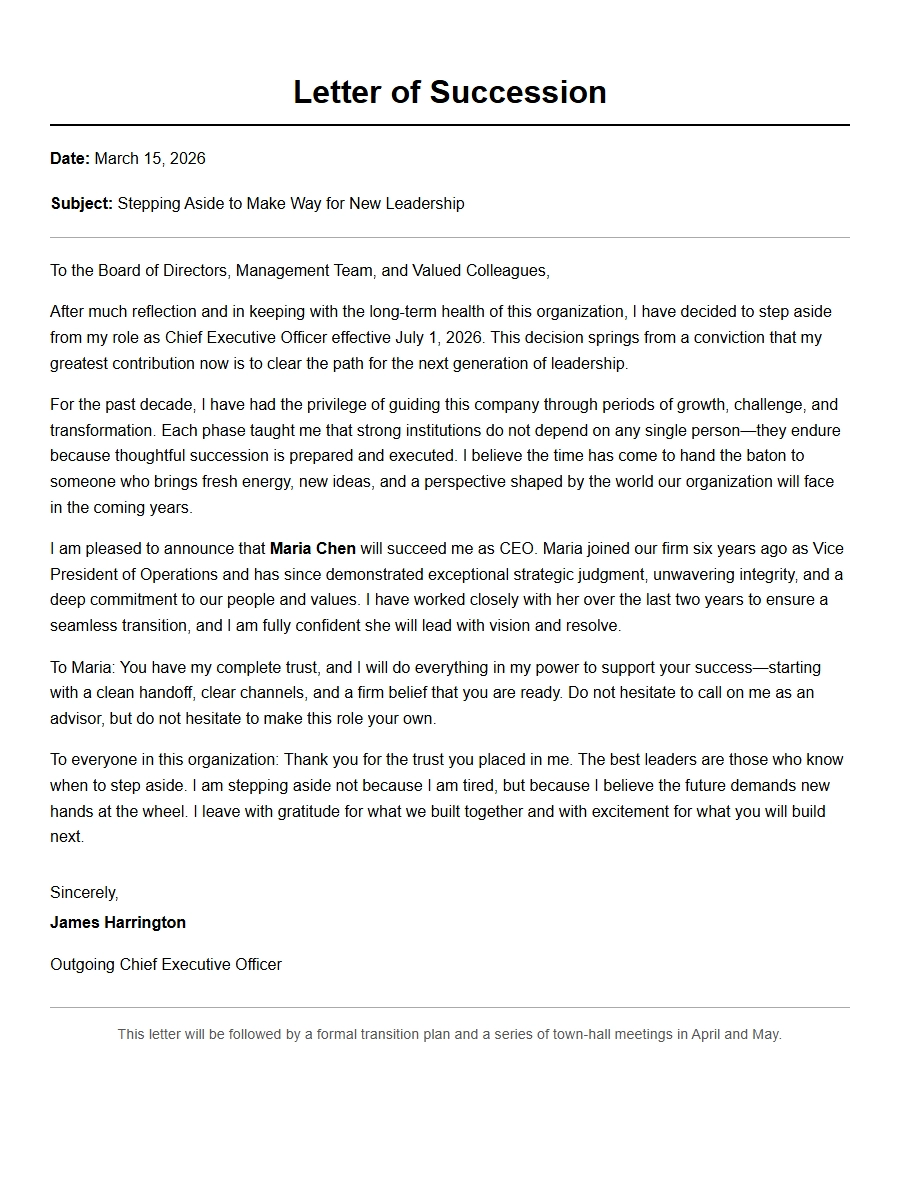 Stepping Aside for Successor: Resignation Letter Example