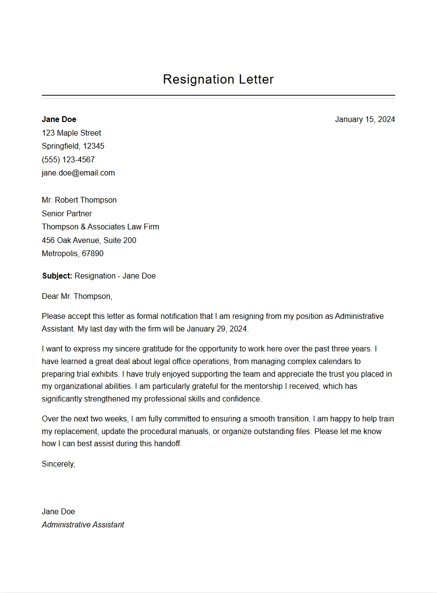 Administrative Assistant Resignation Letter Example