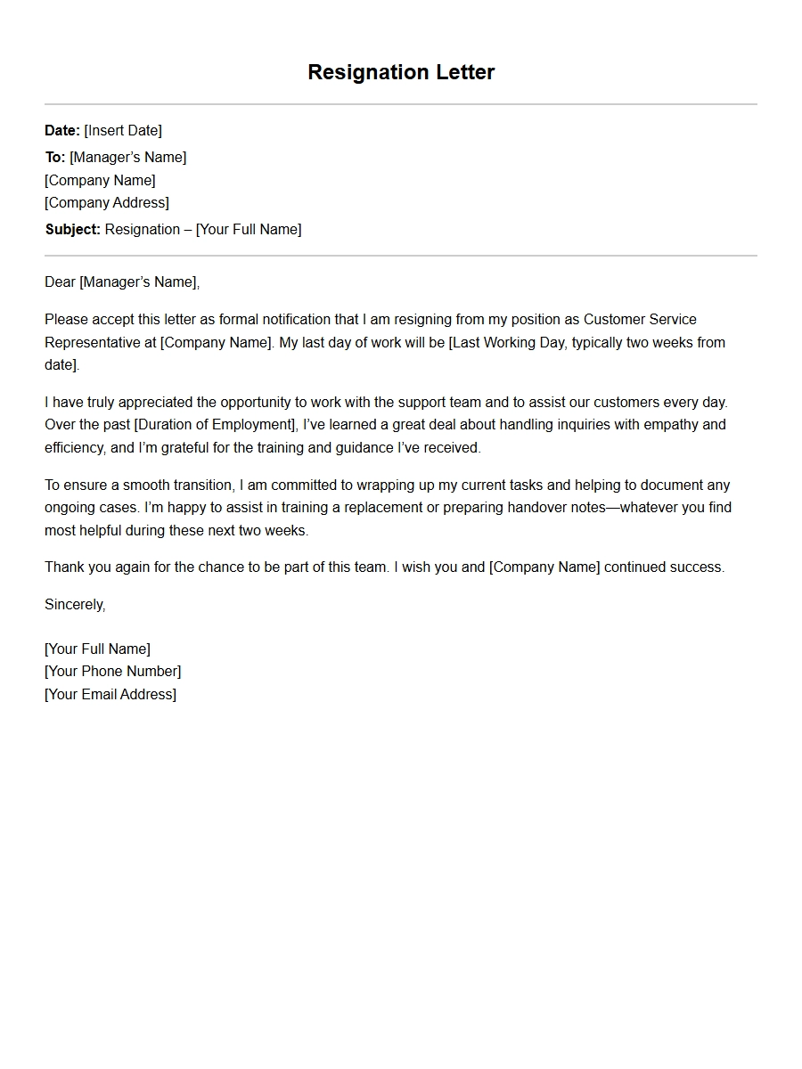 Customer Service Rep Resignation Letter Example
