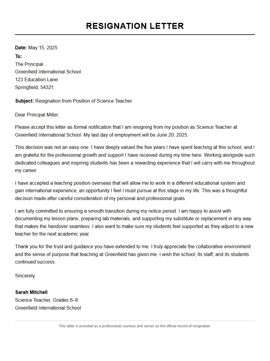 Teacher Resignation Letter Example