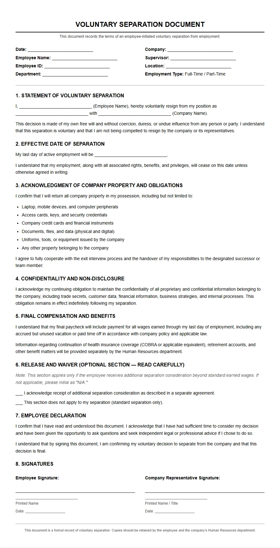 Formal Documentation for Voluntary Job Separation