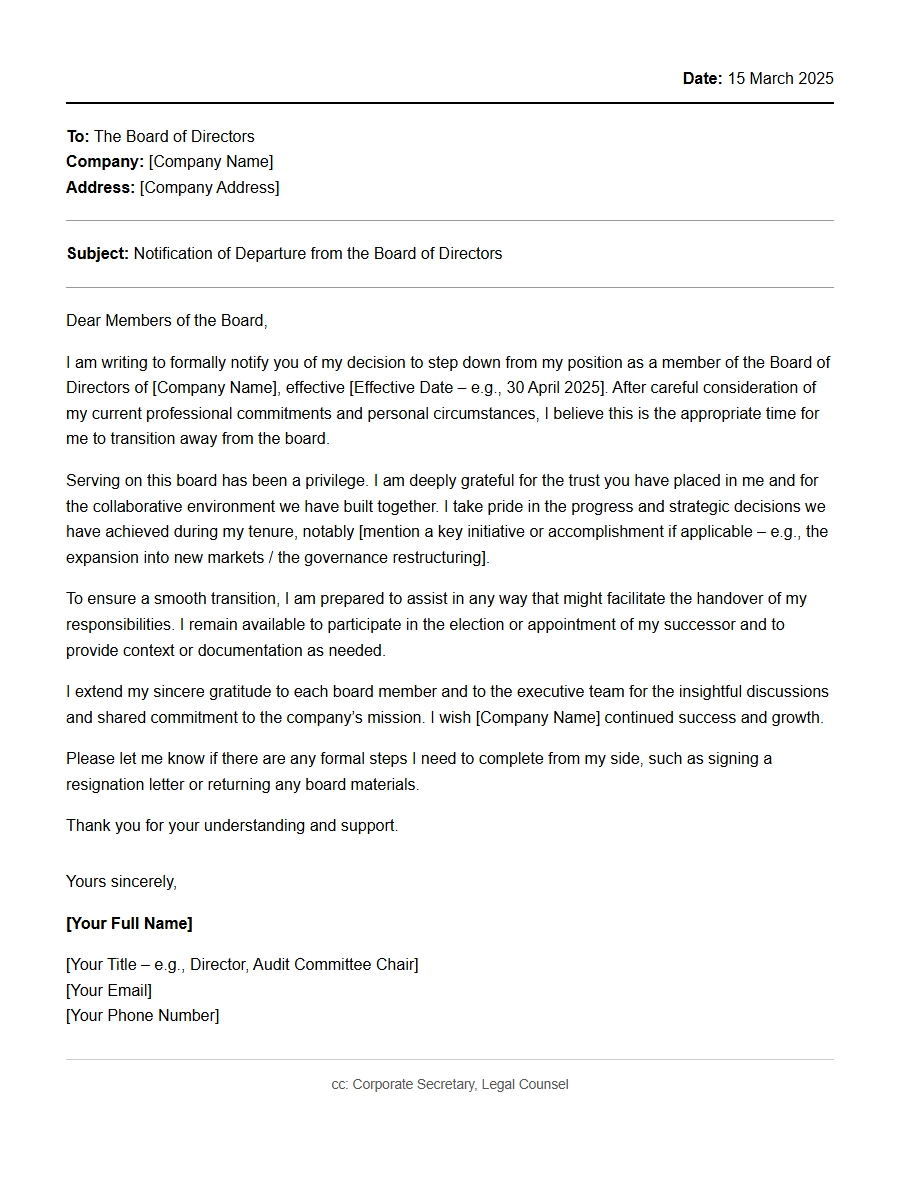 Formal Letter Notifying Board of Departure