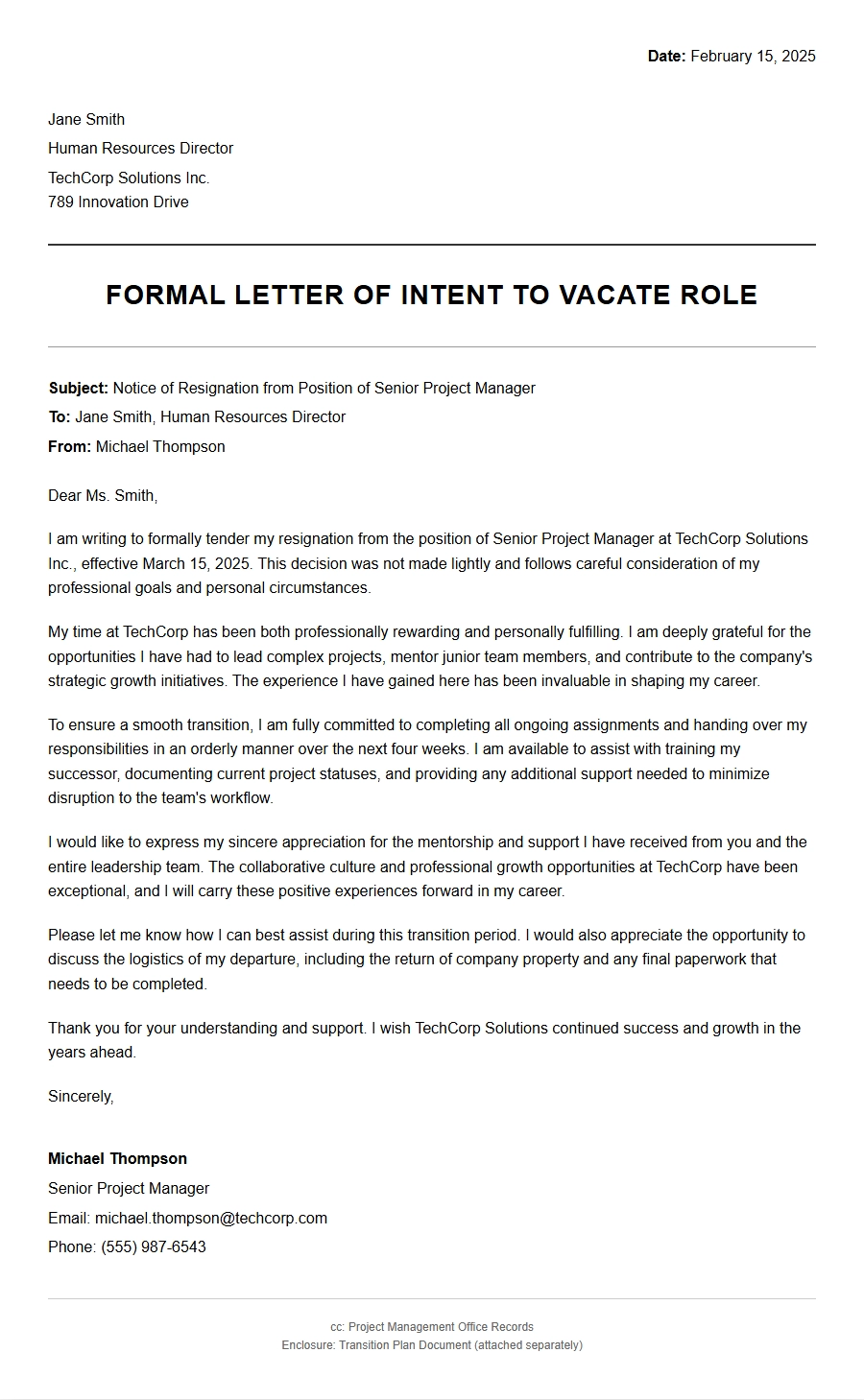 Resignation Letter: Intent to Vacate Role