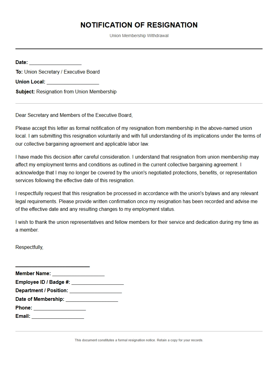 Formal Resignation Notification for Union Members