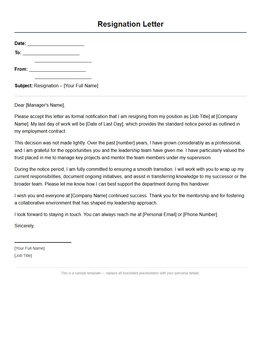 Formal Resignation Letter Sample for Manager