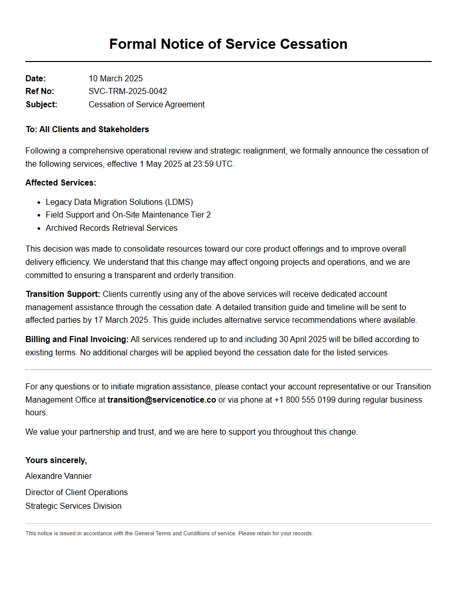 Resignation Letter for Service Cessation
