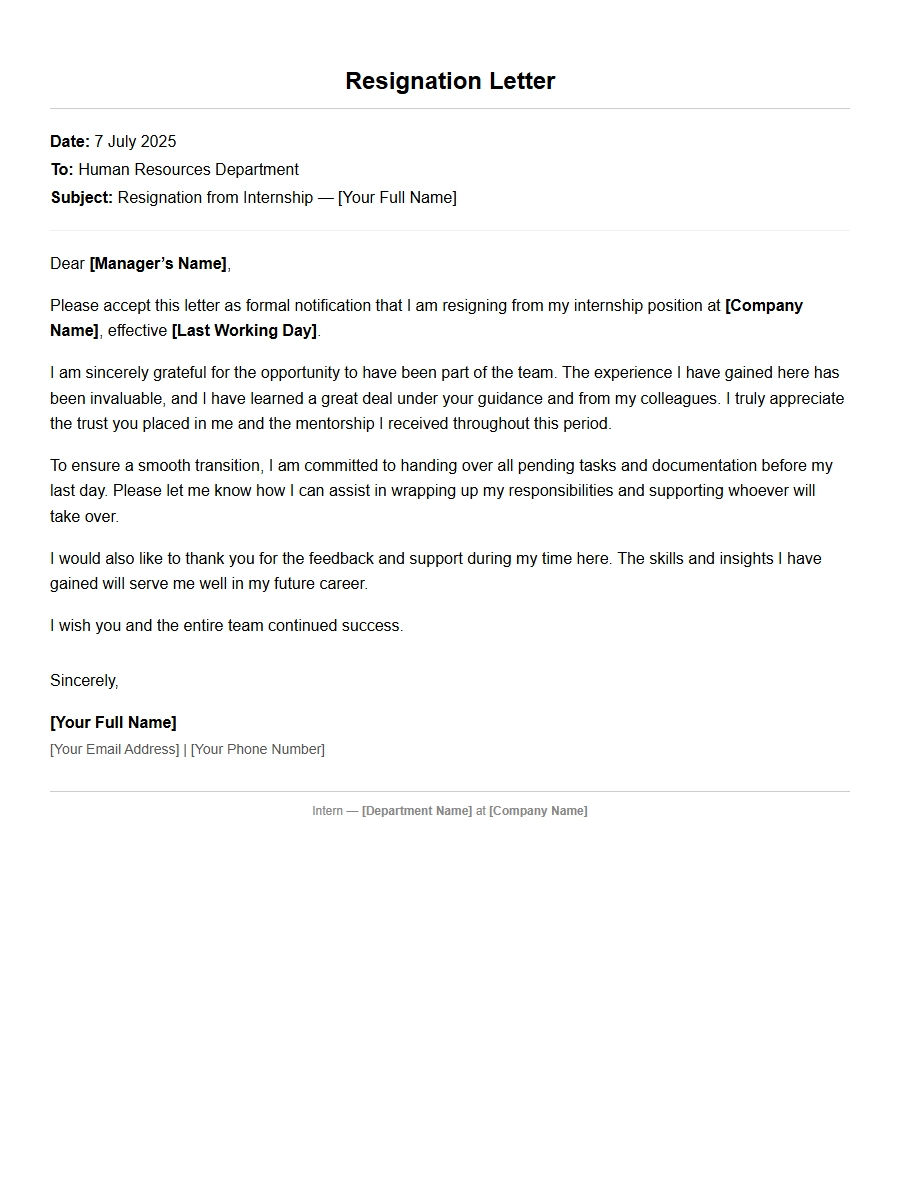 Graceful Exit Resignation Letter for Internship
