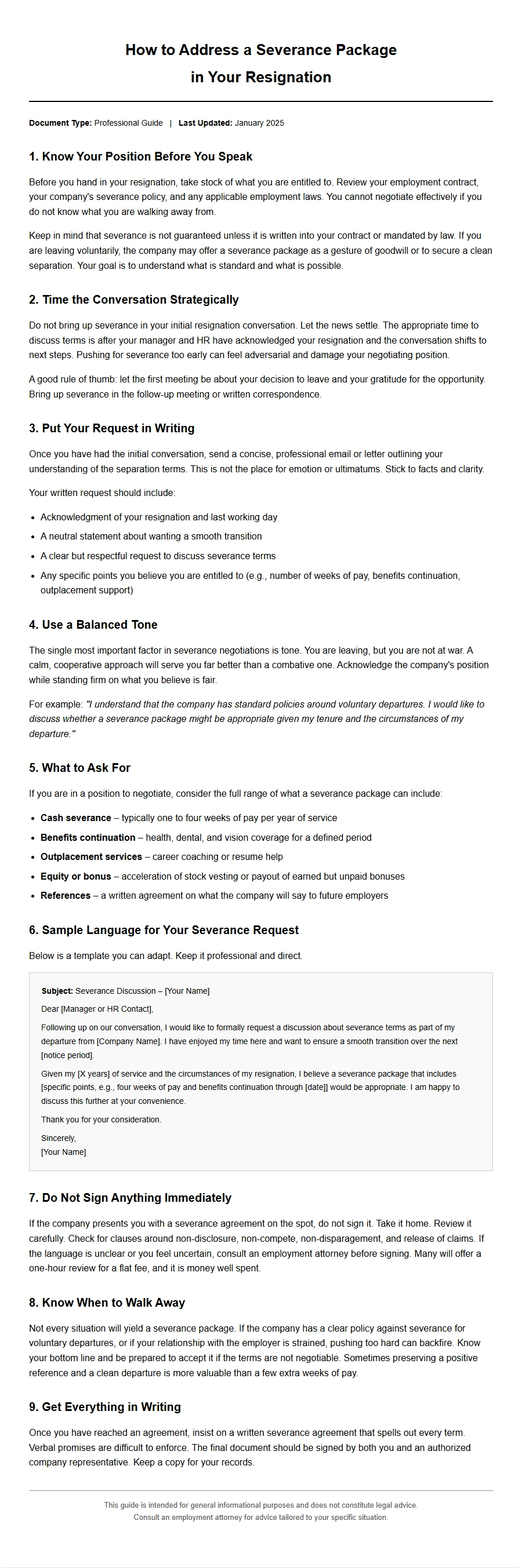 Addressing Severance in Your Resignation Letter