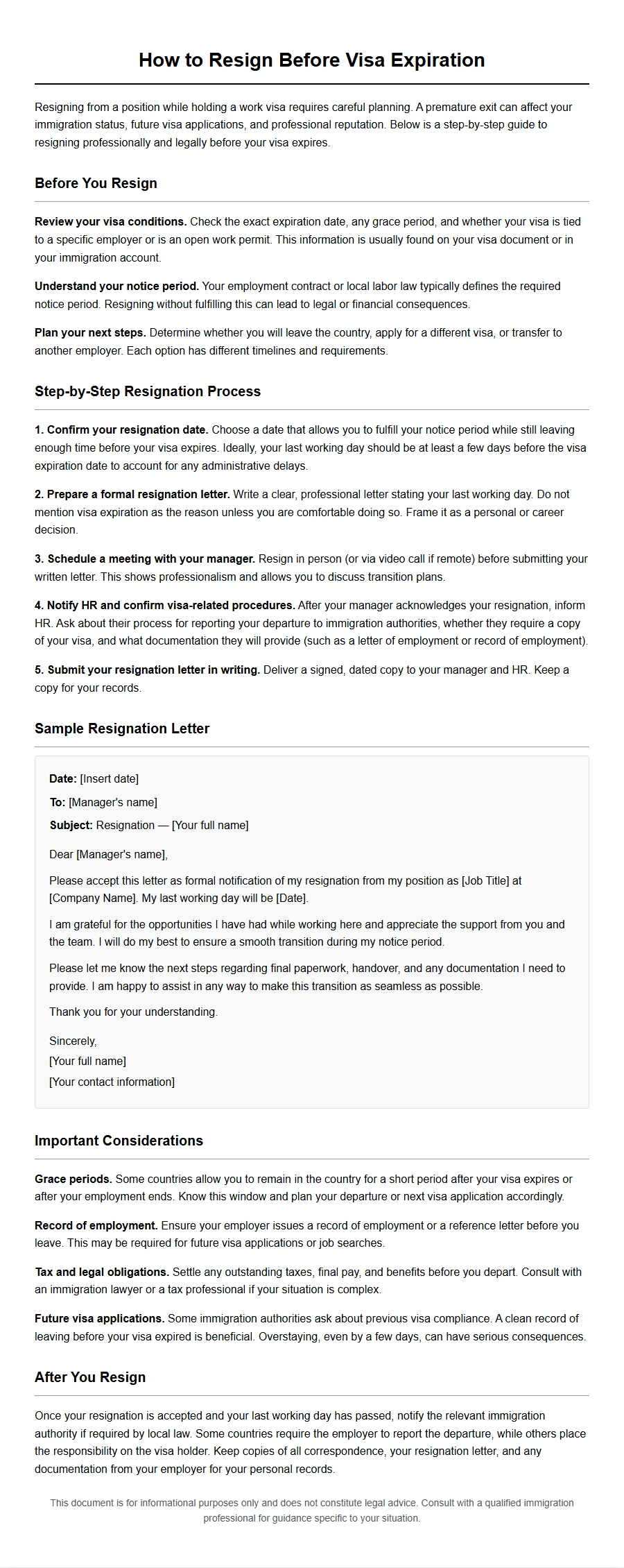Resignation Letter Before Visa Expiration