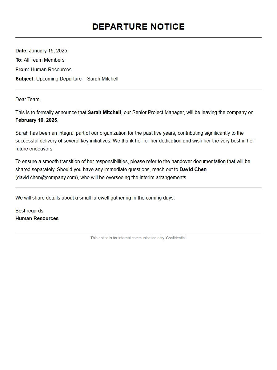 Professional Resignation Note for Upcoming Departure