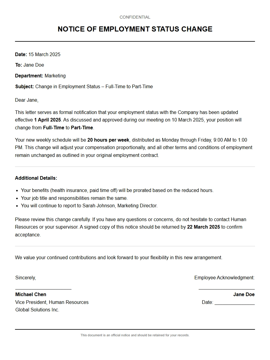 Professional Notice of Employment Status Change