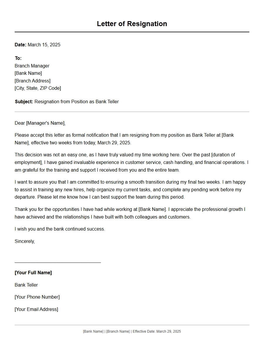 Resignation Letter for Bank Teller
