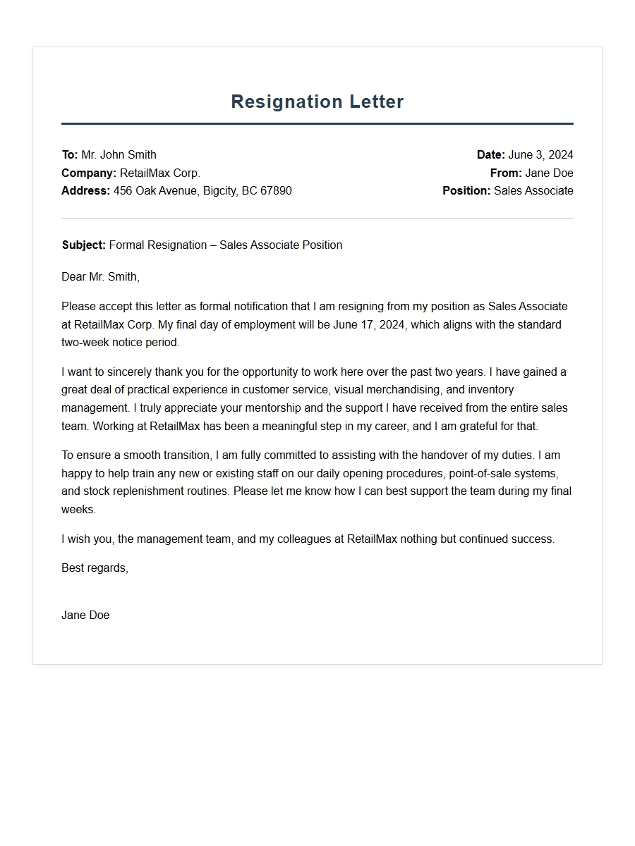 Professional Retail Resignation Letter Example