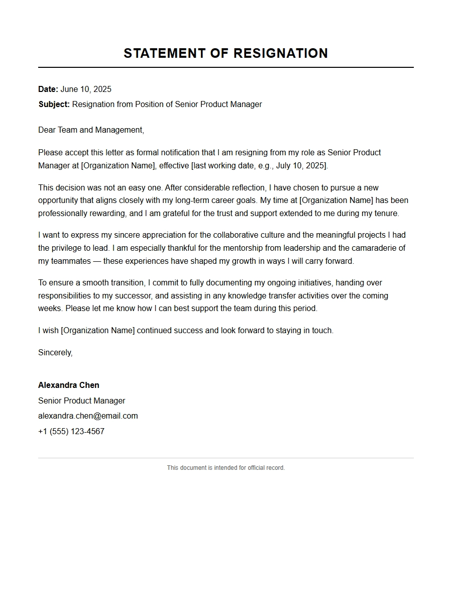 Professional Resignation Statement Example