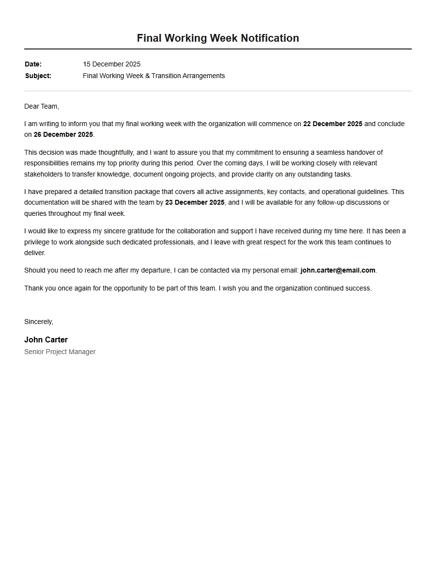 Professional Final Working Week Resignation Letter