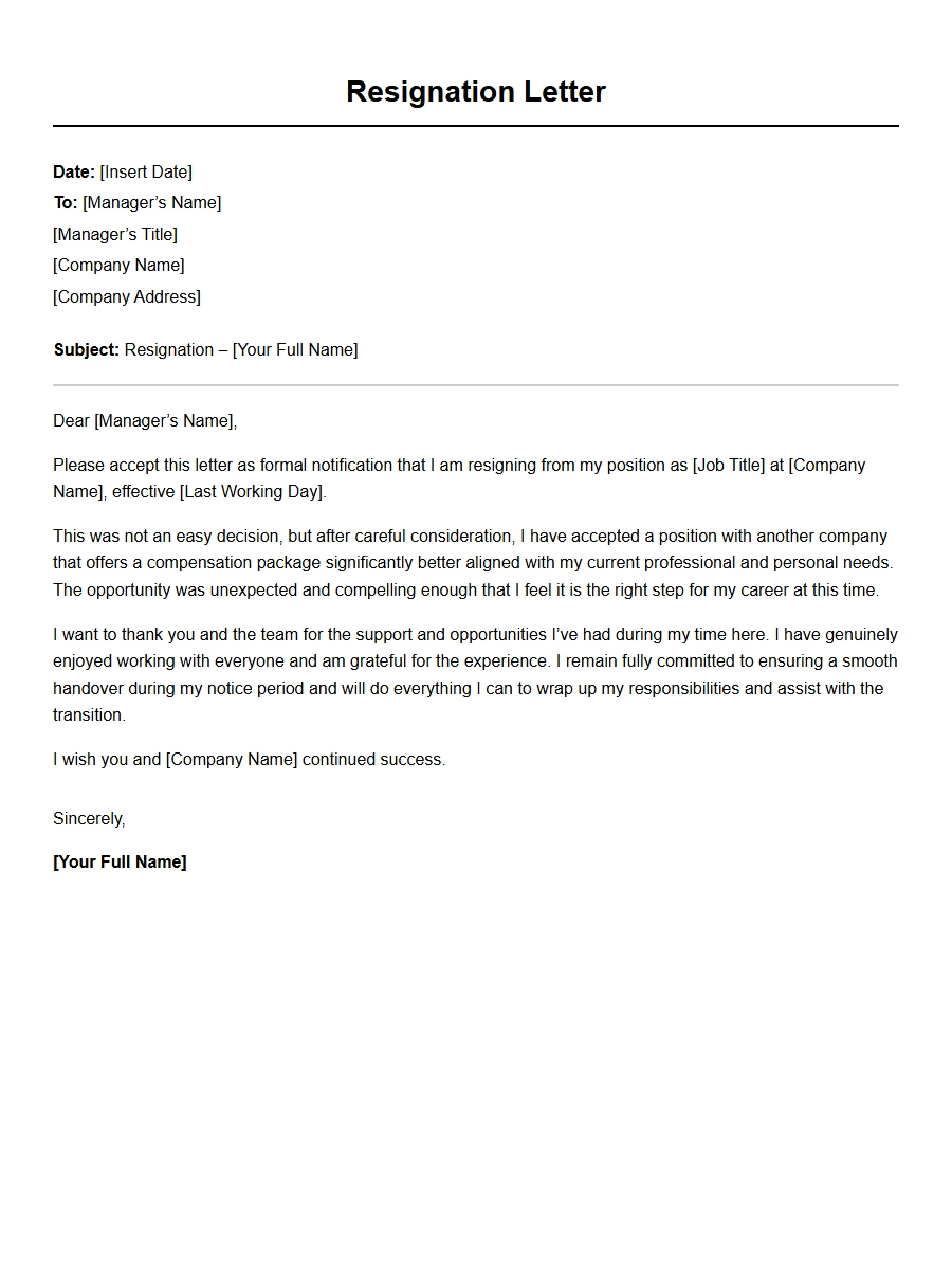 resignation letter citing better compensation offer - Resignation Letters