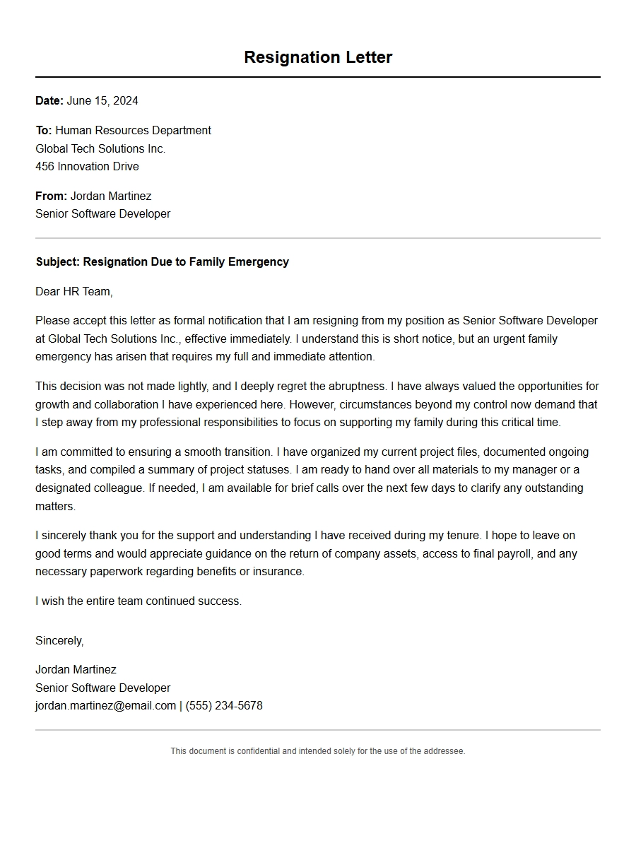 resignation letter citing family emergency - Resignation Letters