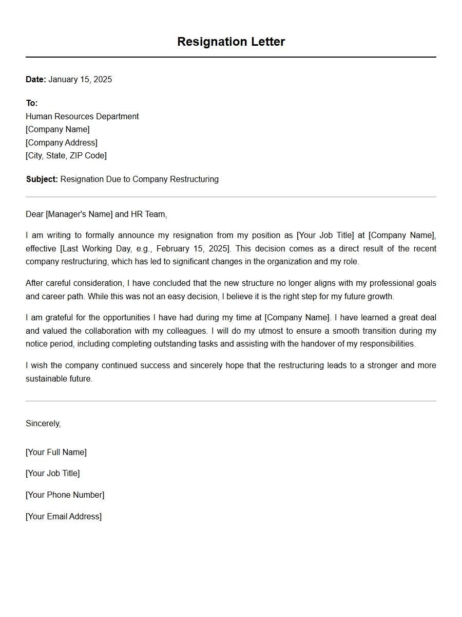 Resignation Letter Due to Company Restructuring