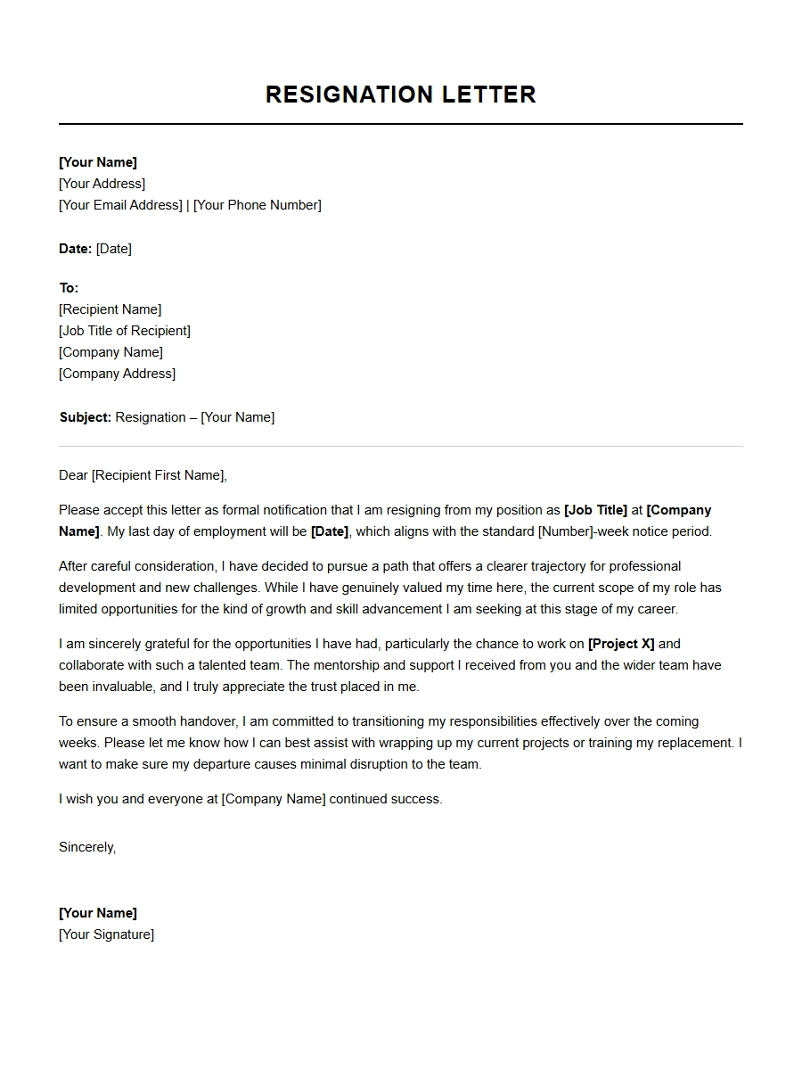 Resignation Letter Due to Lack of Growth