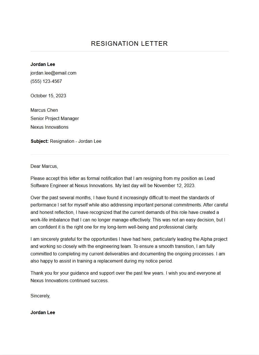Resignation Letter for Work Life Imbalance