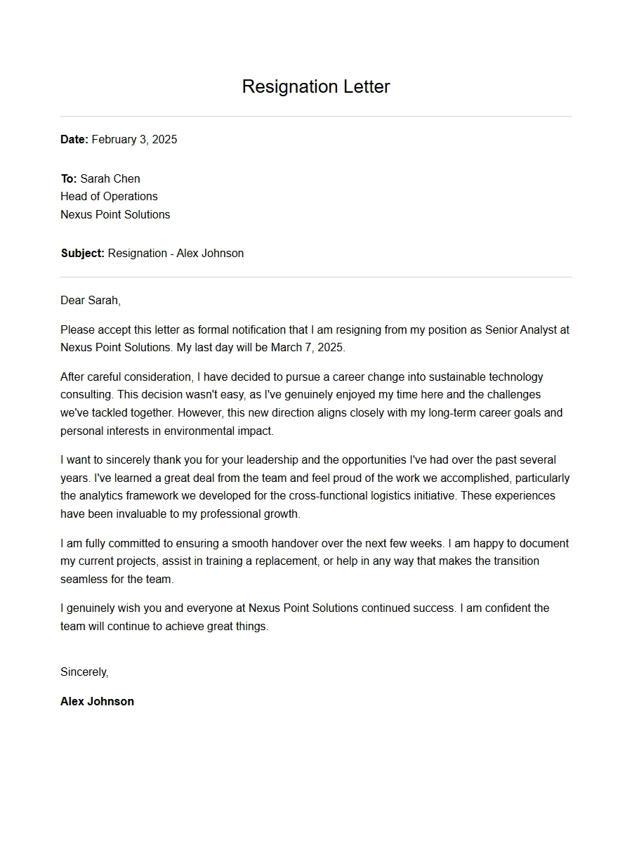Resignation Letter for a Career Change Opportunity
