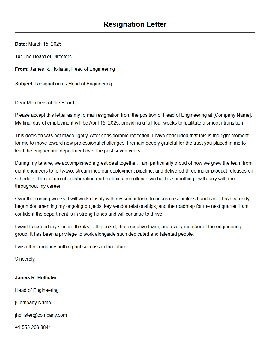 Engineering Department Head Resignation Letter