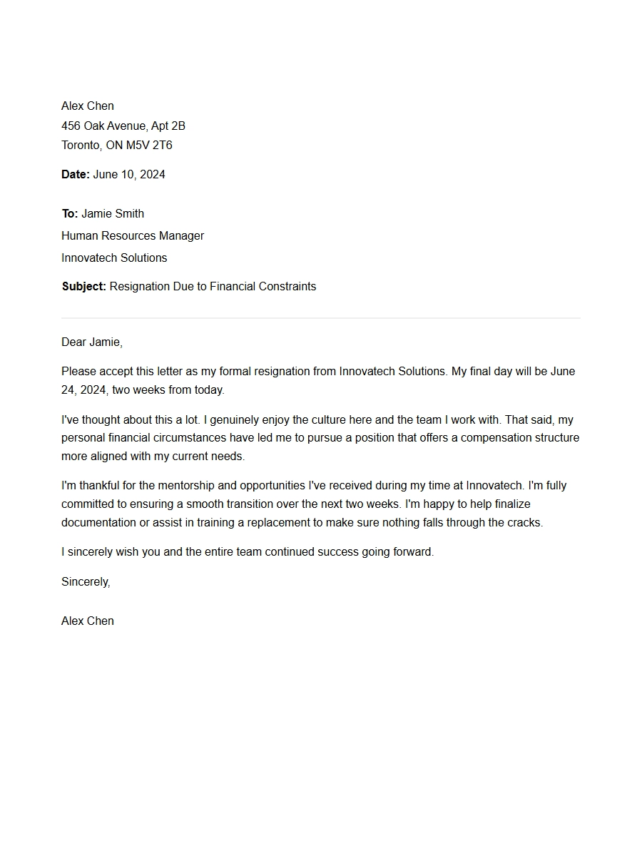 Resignation Letter Due to Financial Constraints