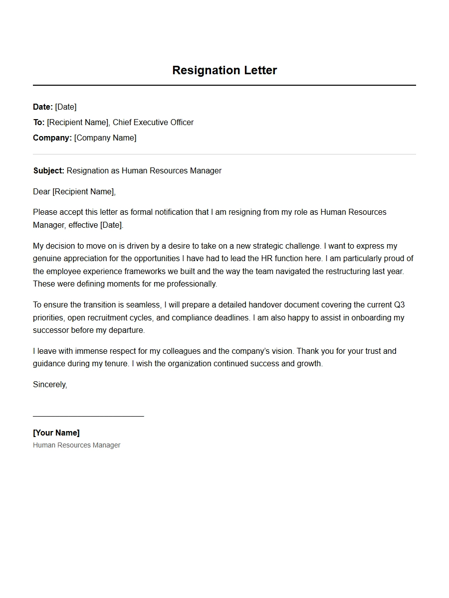 Resignation Letter for Human Resources Manager