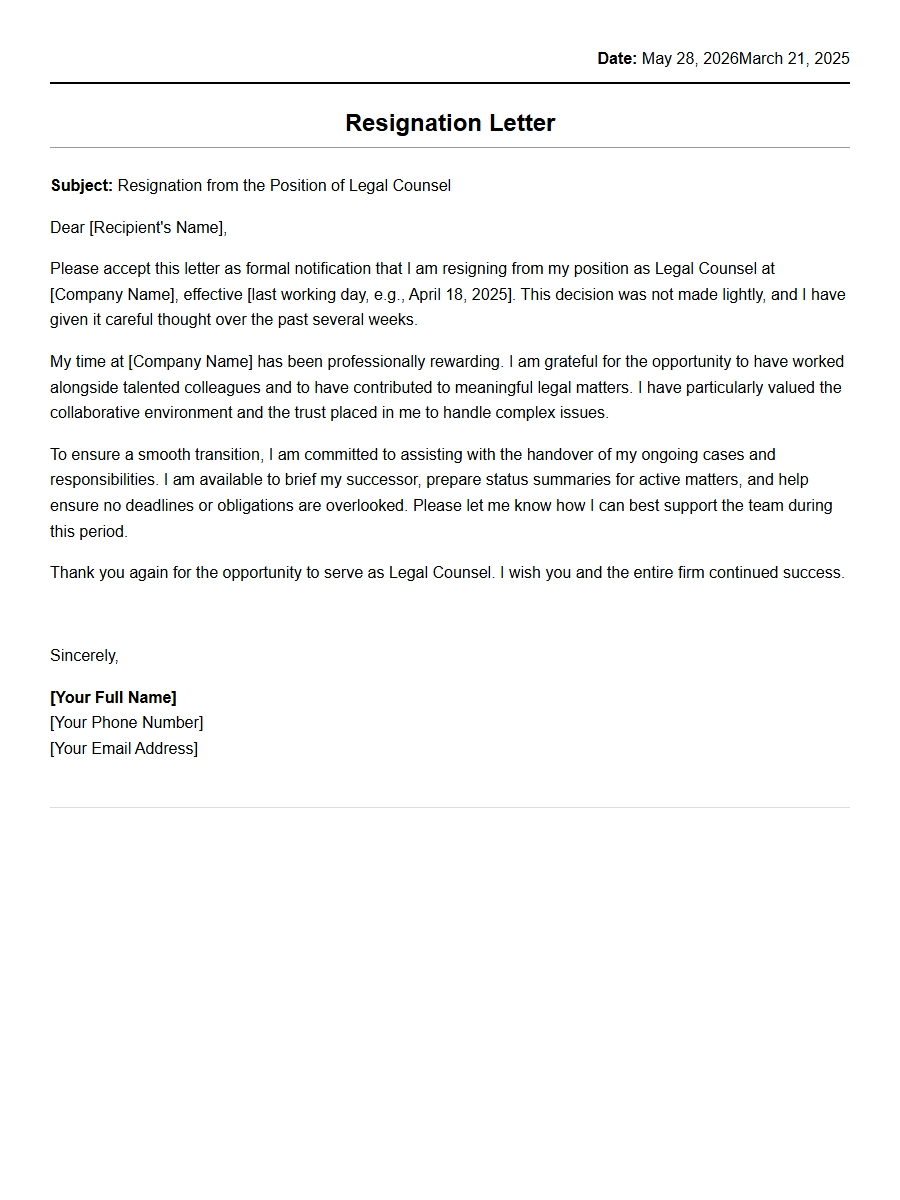 Resignation Letter for Legal Counsel Position
