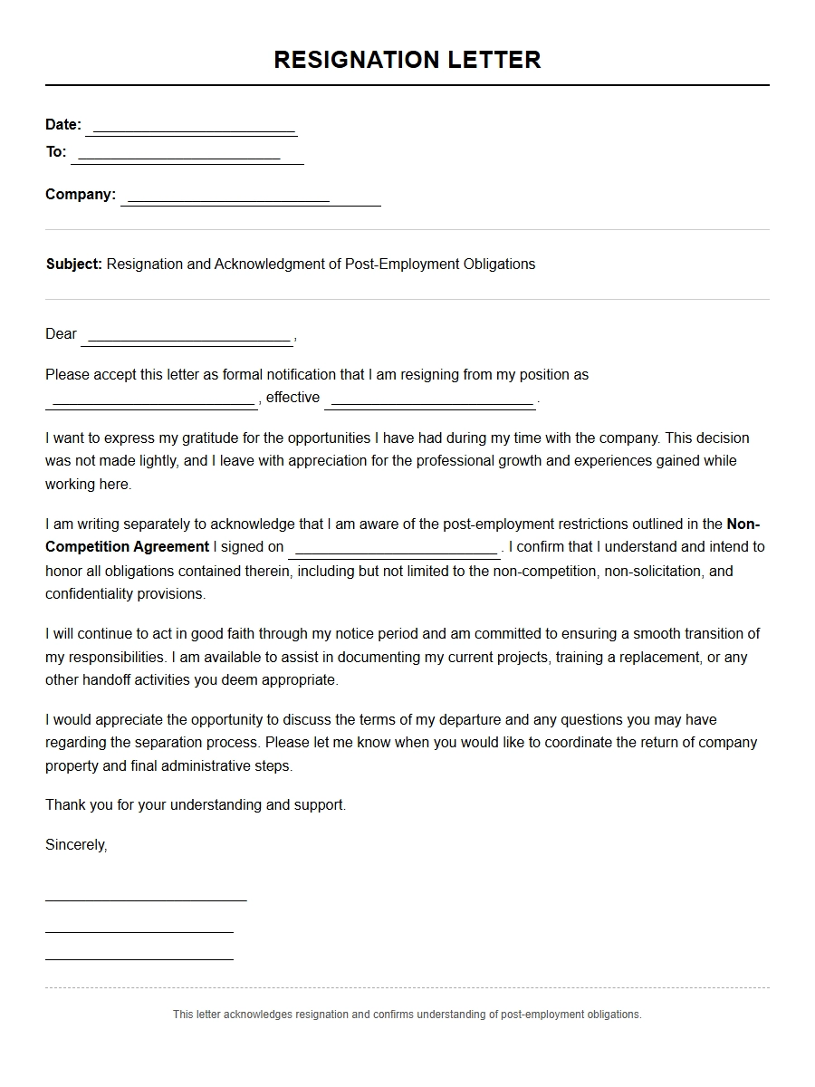 Resignation Letter for Non-Compete Agreement