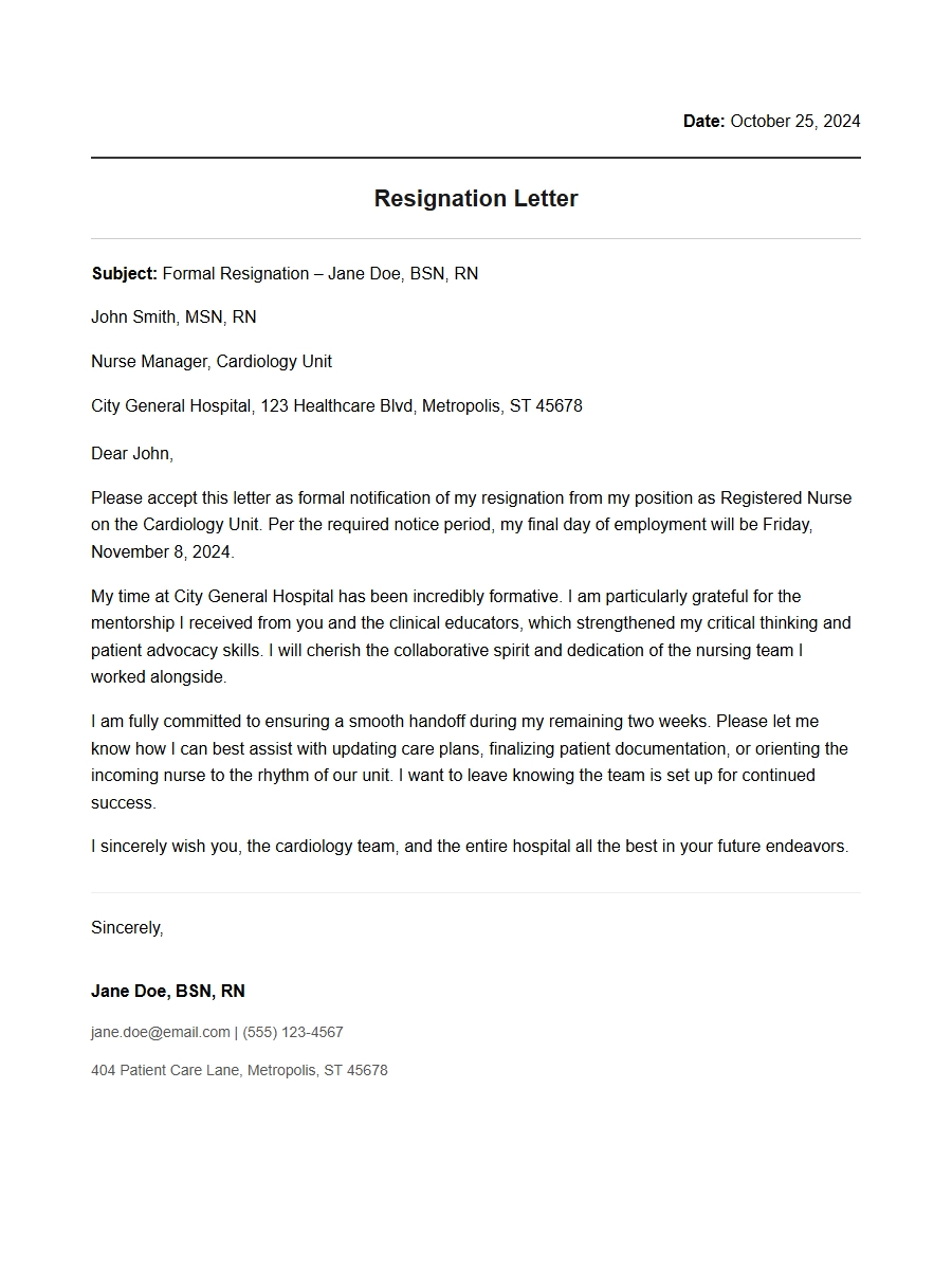 Nurse Resignation Letter with 2 Weeks Notice