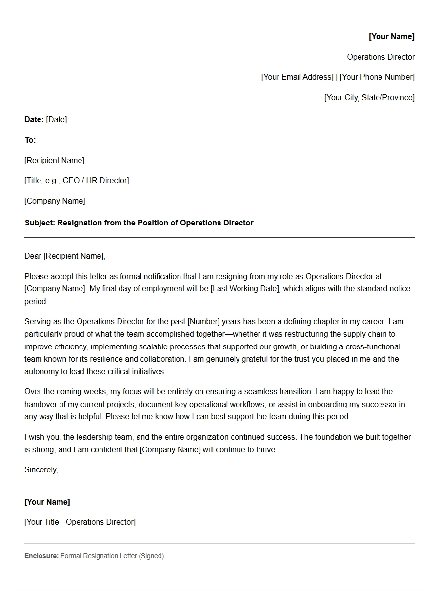 Operations Director Resignation Letter Sample