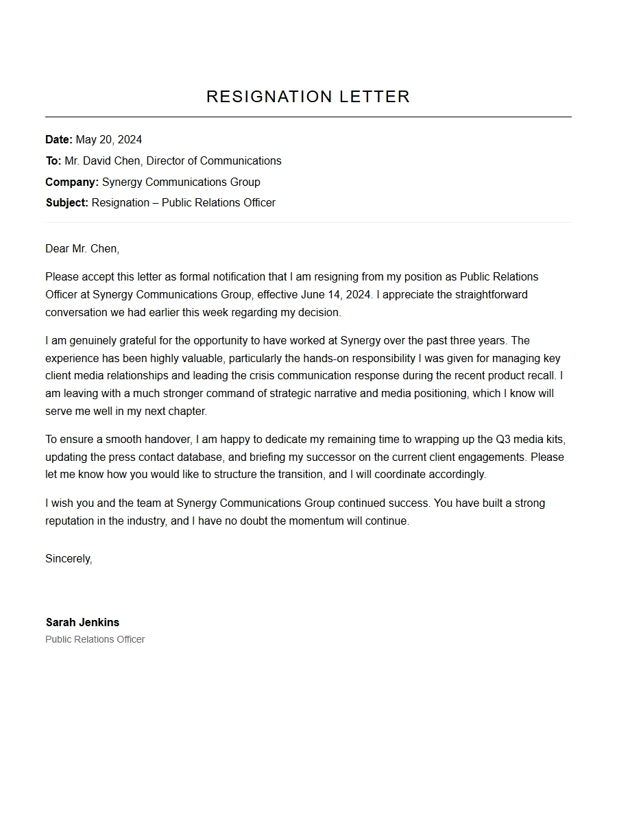Professional PR Officer Resignation Letter Guide
