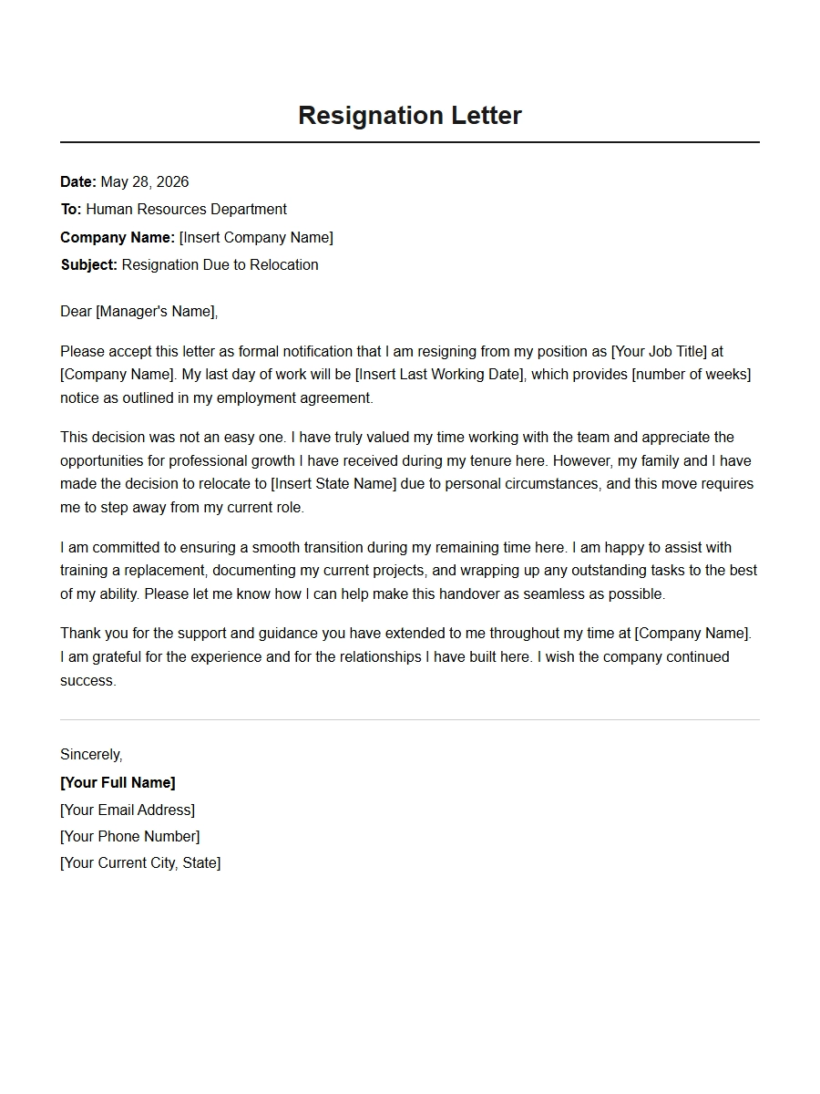 Resignation Letter for Moving to Another State